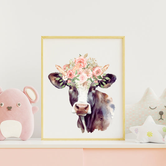 Cow Nursery Print - Girls Bedroom Decor - Cow Flower Crown - Shabby Chic - Girls Cottage Decor - Instant Printable Download - Nursery Art